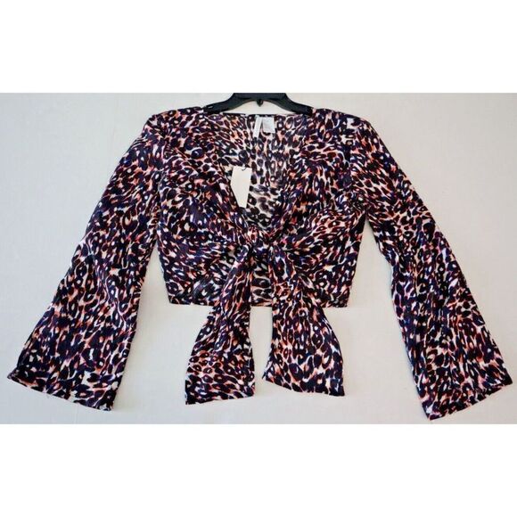 Sanctuary Women's Sz Medium Multi Leopard Print Knot Tie Front L/S Crop Top $75 - Picture 5 of 10